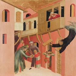 Polyptychon des seligen Agostino Novello und vier Geschichten aus seinem Leben, Detail des linken Panels von Agostino Novello, der ein Baby rettet, als es von einem Balkon fällt, ca. 1328 (Tempera auf Holz)